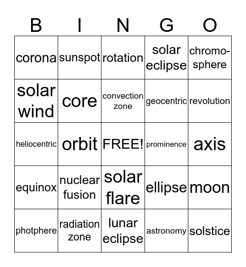 Astronomy Bingo Card