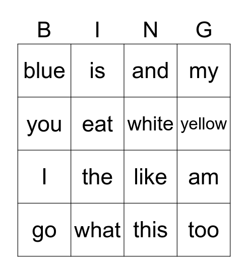 sight words Bingo Card