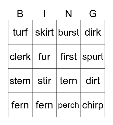 Unit 8 phonics Bingo Card