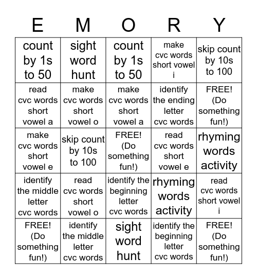 Activities for Emory Bingo Card