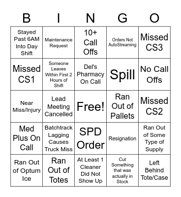 Night Shift Bingo Card