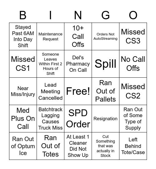 Night Shift Bingo Card