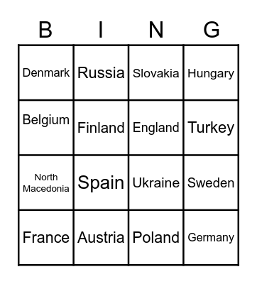 Euros 2021 Teams Bingo Card