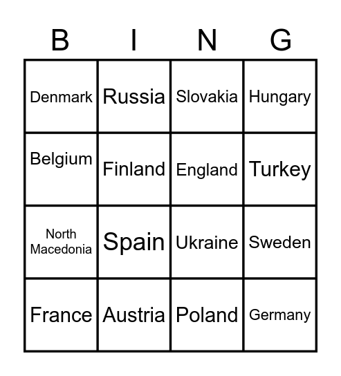 Euros 2021 Teams Bingo Card