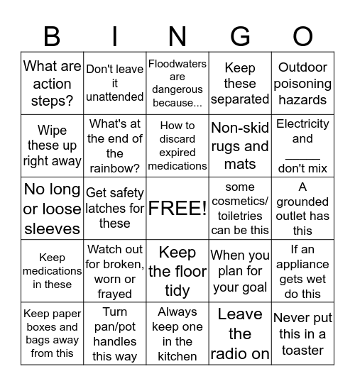Recovery Goal and Home Safety Bingo Card