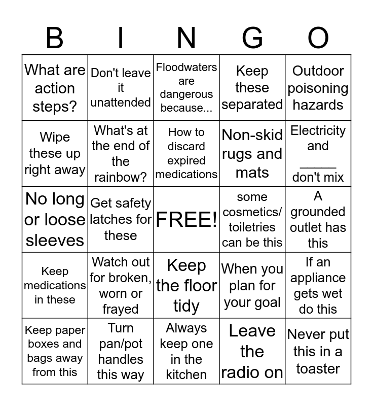 Recovery Goal and Home Safety Bingo Card