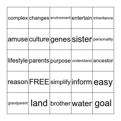 Vocabulary MS-A U1 Ch2 Genes: Inheritance Bingo Card