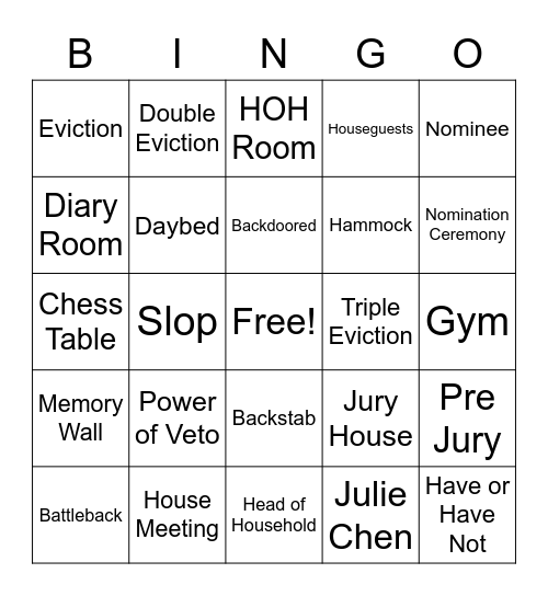 Big Brother Bingo Card