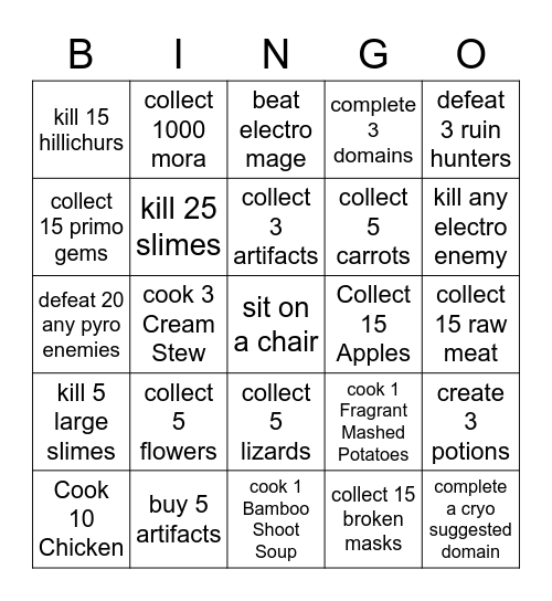 Genshin Bingo 2 Bingo Card