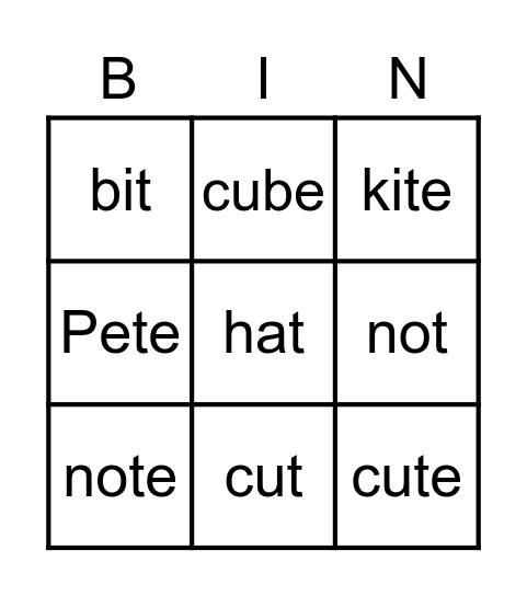 Magic 'e' Bingo Card