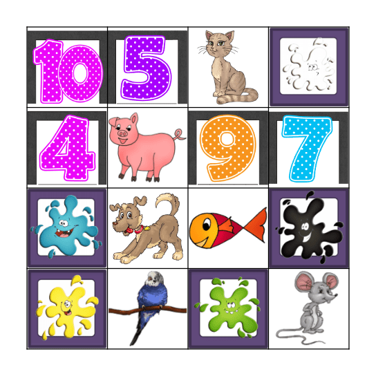 Colours, Numbers, Animals Bingo Card