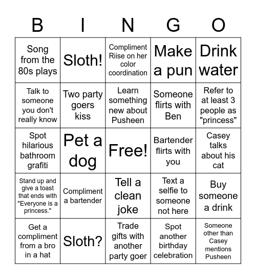 Casey's Birthday Bingo Card