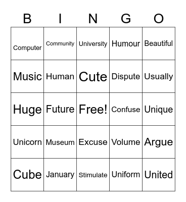 Long "U" Sound Bingo Card