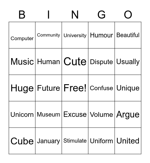 Long "U" Sound Bingo Card