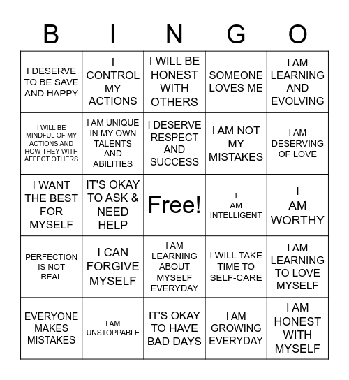 Positive Self-Talk Bingo Card