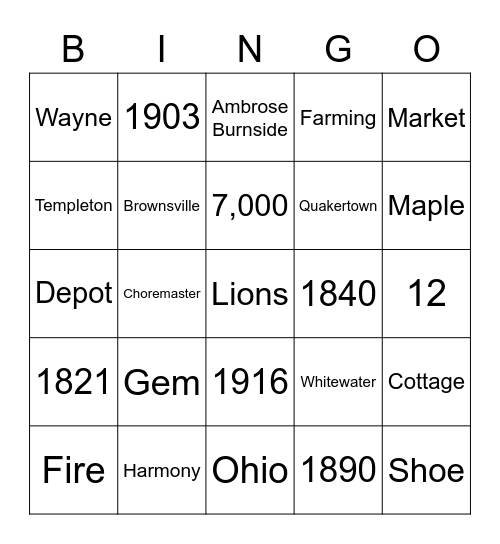 Union County Bicentennial BINGO Card