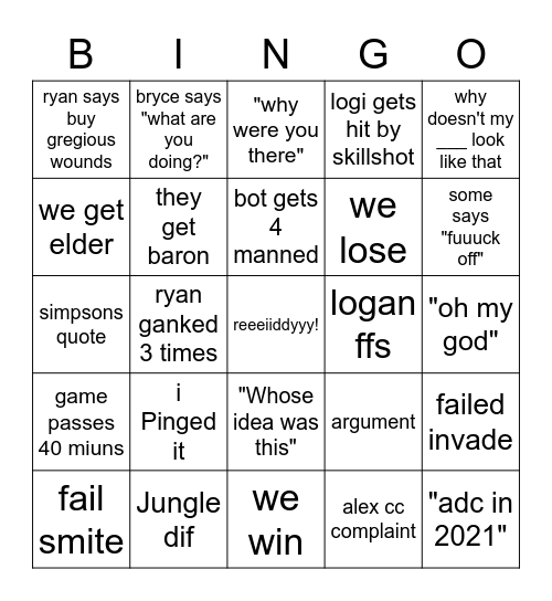 Team of legends Bingo Card