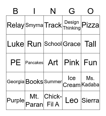 Grace's 9th Birthday Bingo Card