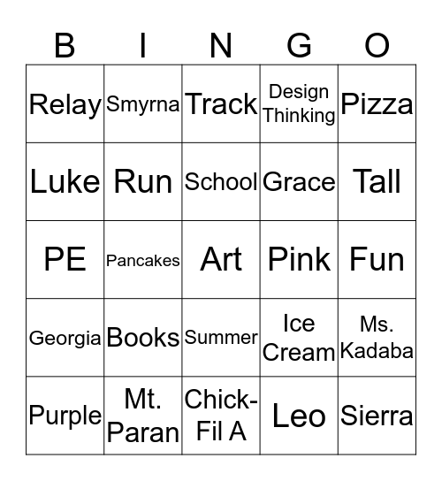 Grace's 9th Birthday Bingo Card