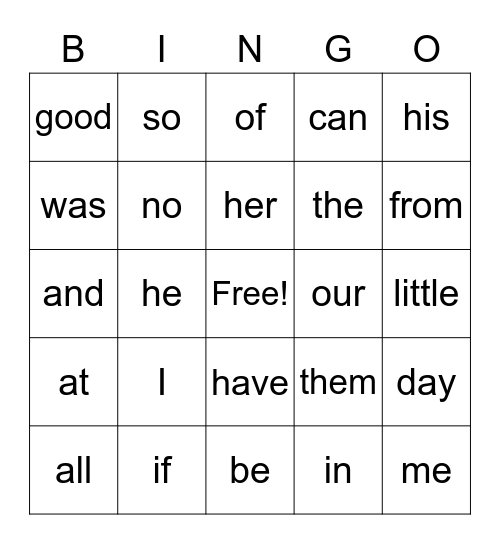 Sight Words Bingo Card