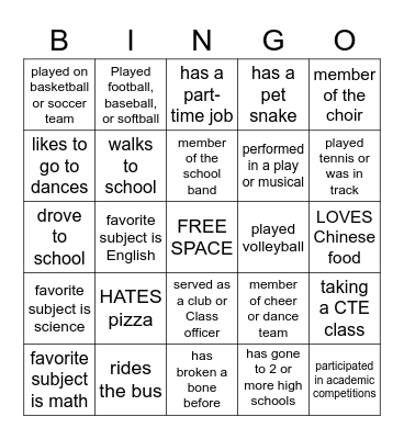 High School Memories Bingo Card