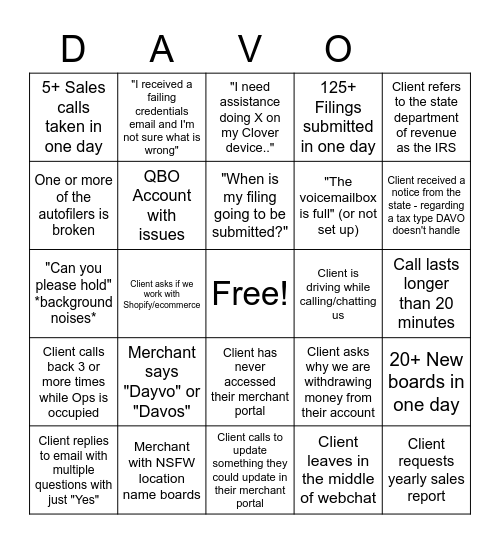 DAVO Daily Ops Bingo Card