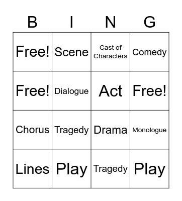 Drama Vocabulary Bingo Card