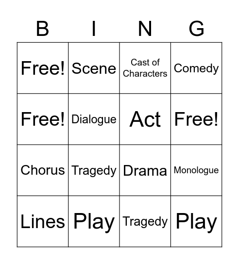 Drama Vocabulary Bingo Card