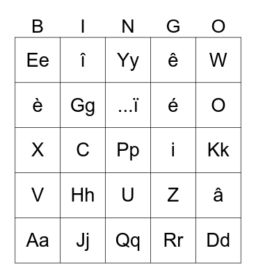 Alphabet + French accents Bingo Card