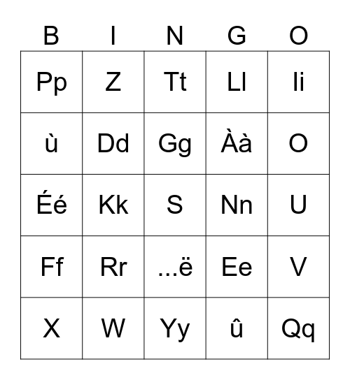 Alphabet + French accents Bingo Card