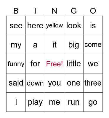 Sight Word Bingo Card
