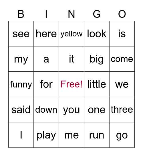 Sight Word Bingo Card