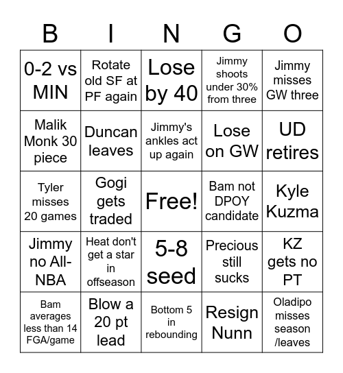 Heat "of course" bingo 2021-22 season Bingo Card