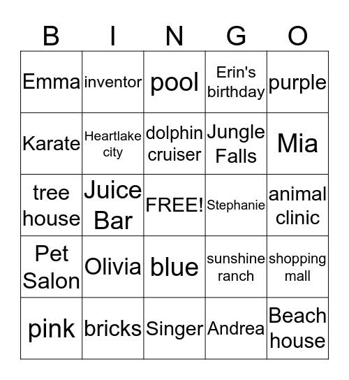 Lego Friends Bingo Card