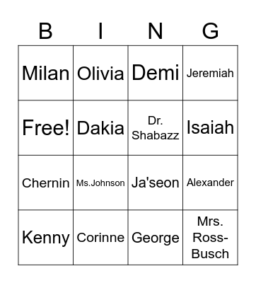 Names Bingo Card