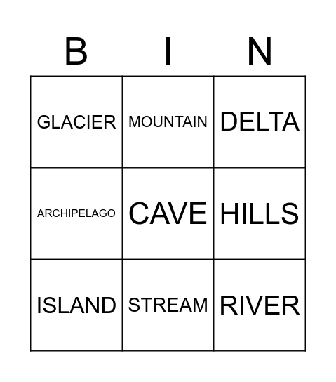 LANDFORM BINGO Card