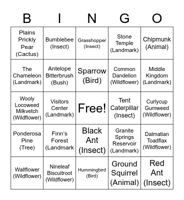 Curt Gowdy State Park Bingo Card