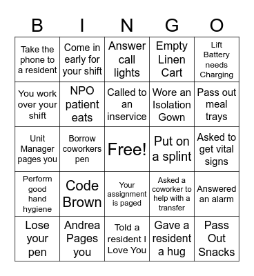 CNA Week Bingo Card