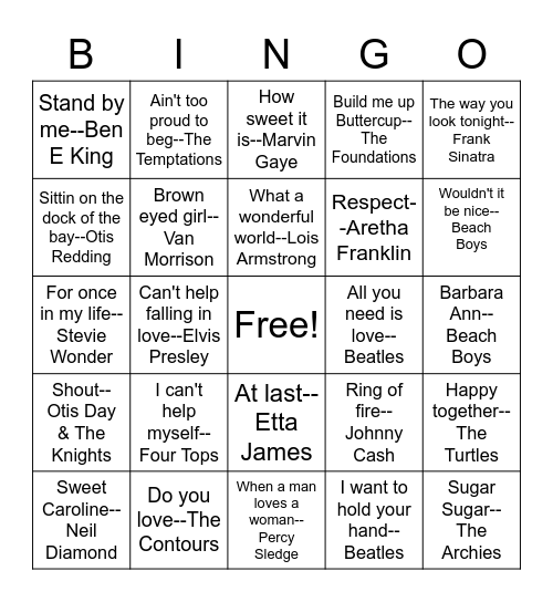 60's music Bingo Card
