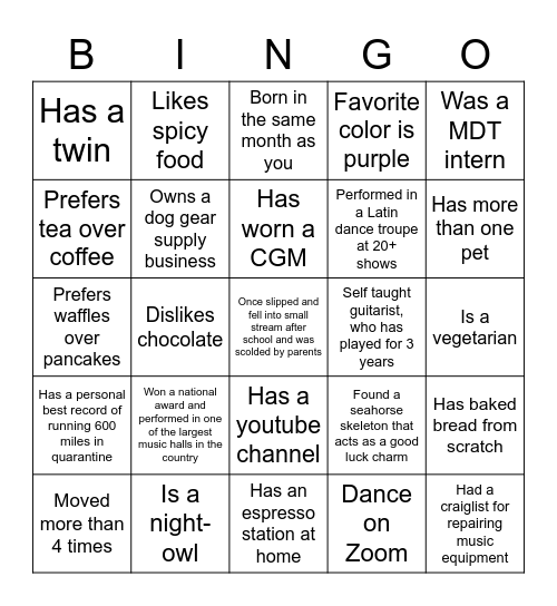 Test Version Bingo Card