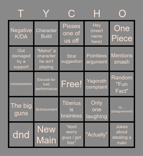 Tycho Bingo 5 Bingo Card