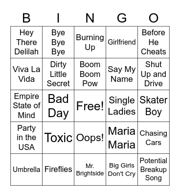 2000's Hits Bingo Card