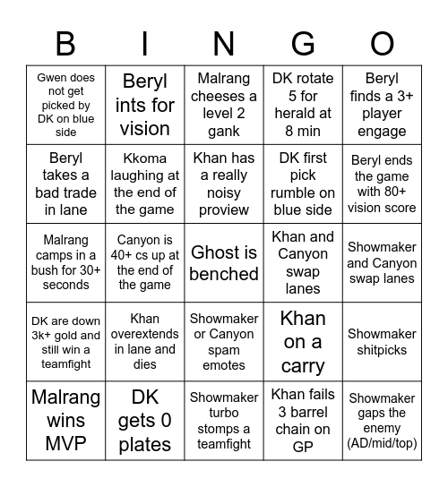 DAMWON GAMING K I A Bingo Card