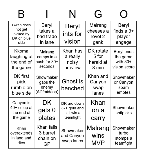 DAMWON GAMING K I A Bingo Card
