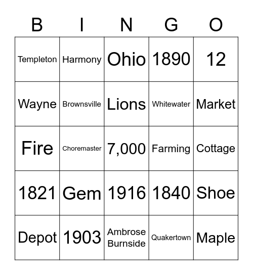 Union County Bicentennial BINGO Card