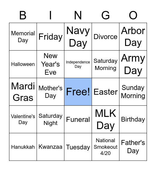 Holidazed and Confused Bingo Card