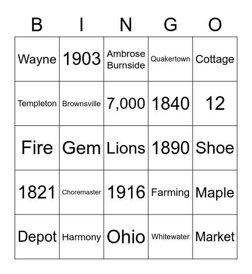 Union County Bicentennial BINGO Card