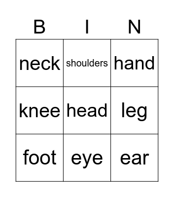 Part of Body Bingo Card