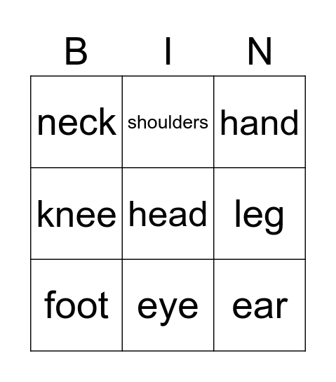 Part of Body Bingo Card