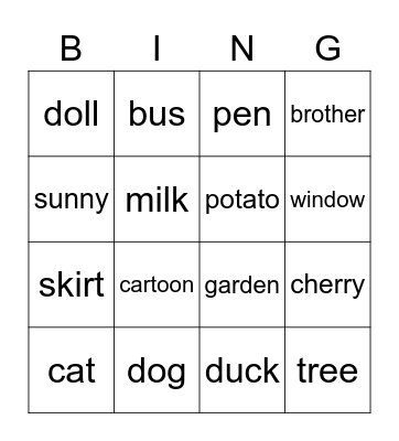 Vocabulary bingo Card